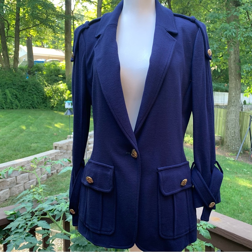 Yoana Baraschi Knit Blazer Coat Blue Anchor Stamp Buttons Silk Lined Size M